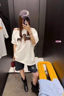 Slanted Off-Shoulder Short Sleeve T-Shirt for Women with Sausage Dog Print, Loose Fit, Jennie-Style, Versatile Casual Top
