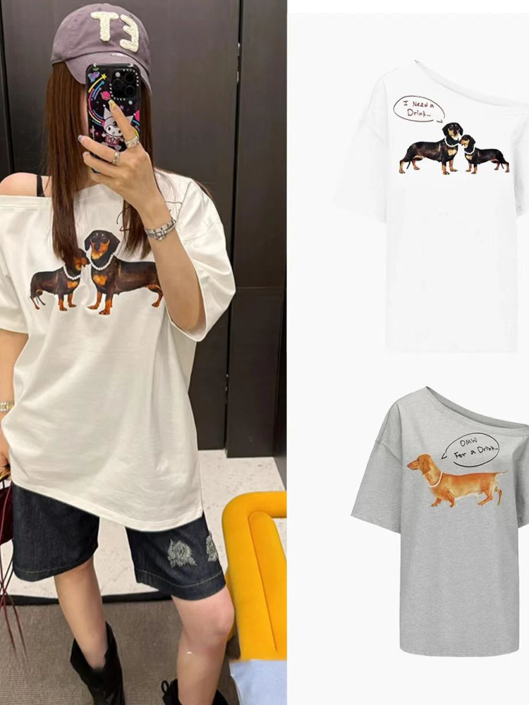 Slanted Off-Shoulder Short Sleeve T-Shirt for Women with Sausage Dog Print, Loose Fit, Jennie-Style, Versatile Casual Top Slanted Off-Shoulder Short Sleeve T-Shirt for Women with Sausage Dog Print, Loose Fit, Jennie-Style, Versatile Casual Top