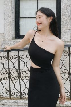 Slanted Shoulder Knitted Camisole Dress - Hollow Cutout Black Sexy Dress for Y2K and Korean Style Fashion