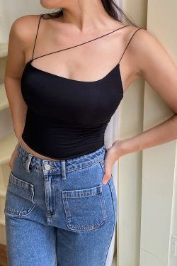 Slanted Shoulder Strap Camisole for Women - Unique Itchy Design, Versatile Short Top for Y2K and European Styles