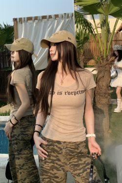 Slightly Sheer U-Neck Short Sleeve T-Shirt for Women - American Vintage Summer Slim Fit Hot Girl Style