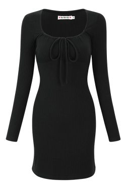 Slim-Fit Hollow Lace-Up Square Neck Long Sleeve Bodycon Dress - European & American Style Short Skirt for a Chic Look