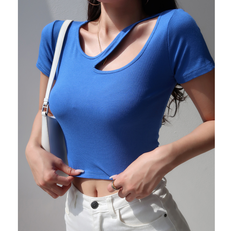 Slim Fit Hollow Round Neck Short Sleeve T-Shirt for Women - European American Style High Waist Solid Color Top, Perfect for Casual Chic Looks Slim Fit Hollow Round Neck Short Sleeve T-Shirt for Women - European American Style High Waist Solid Color Top, Perfect for Casual Chic Looks