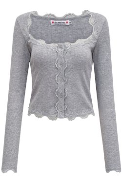 Slim Fit Lace Trim Long Sleeve Knitted Cardigan - Women's European American Style, Casual Chic Top for 90s Y2K Inspired Fashion