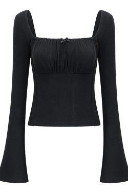 Slim Fit Long Sleeve Black T-Shirt for Women - Three-Dimensional Cut, Flattering Square Neck, European American Style