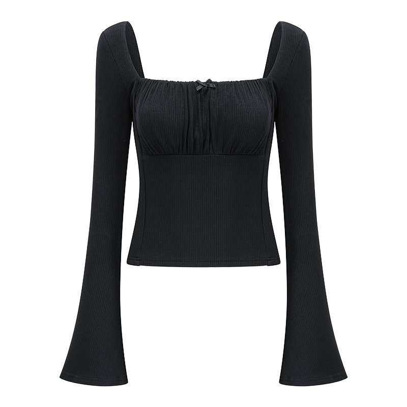 Slim Fit Long Sleeve Black T-Shirt for Women - Three-Dimensional Cut, Flattering Square Neck, European American Style Slim Fit Long Sleeve Black T-Shirt for Women - Three-Dimensional Cut, Flattering Square Neck, European American Style