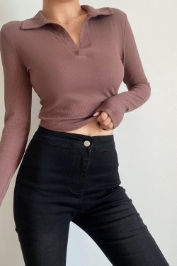 Slim Fit Long Sleeve V-Neck T-Shirt Top - Simple Solid Color Basic for Women - Sexy European & American Style Fashion Essential
