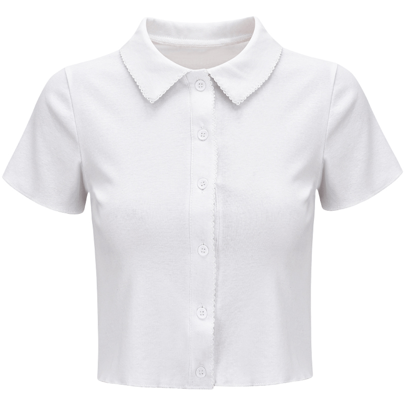 Slim-Fit Polo Collar Knitted Short-Sleeve T-Shirt for Women with Lace Cardigan - European American Minimalist Style Slim-Fit Polo Collar Knitted Short-Sleeve T-Shirt for Women with Lace Cardigan - European American Minimalist Style