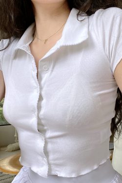 Slim-Fit Polo Collar Knitted Short-Sleeve T-Shirt for Women with Lace Cardigan - European American Minimalist Style