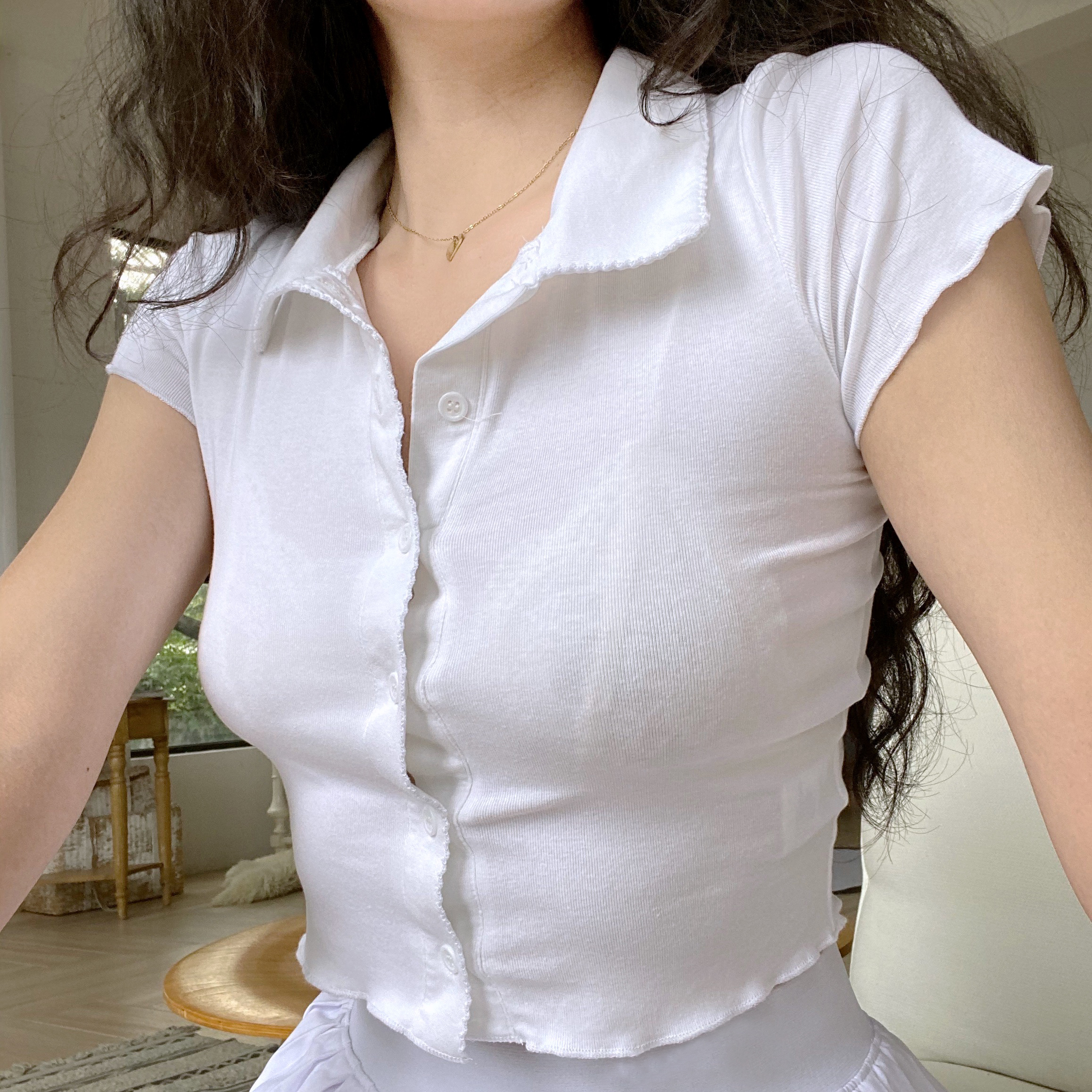 Slim-Fit Polo Collar Knitted Short-Sleeve T-Shirt for Women with Lace Cardigan - European American Minimalist Style Slim-Fit Polo Collar Knitted Short-Sleeve T-Shirt for Women with Lace Cardigan - European American Minimalist Style