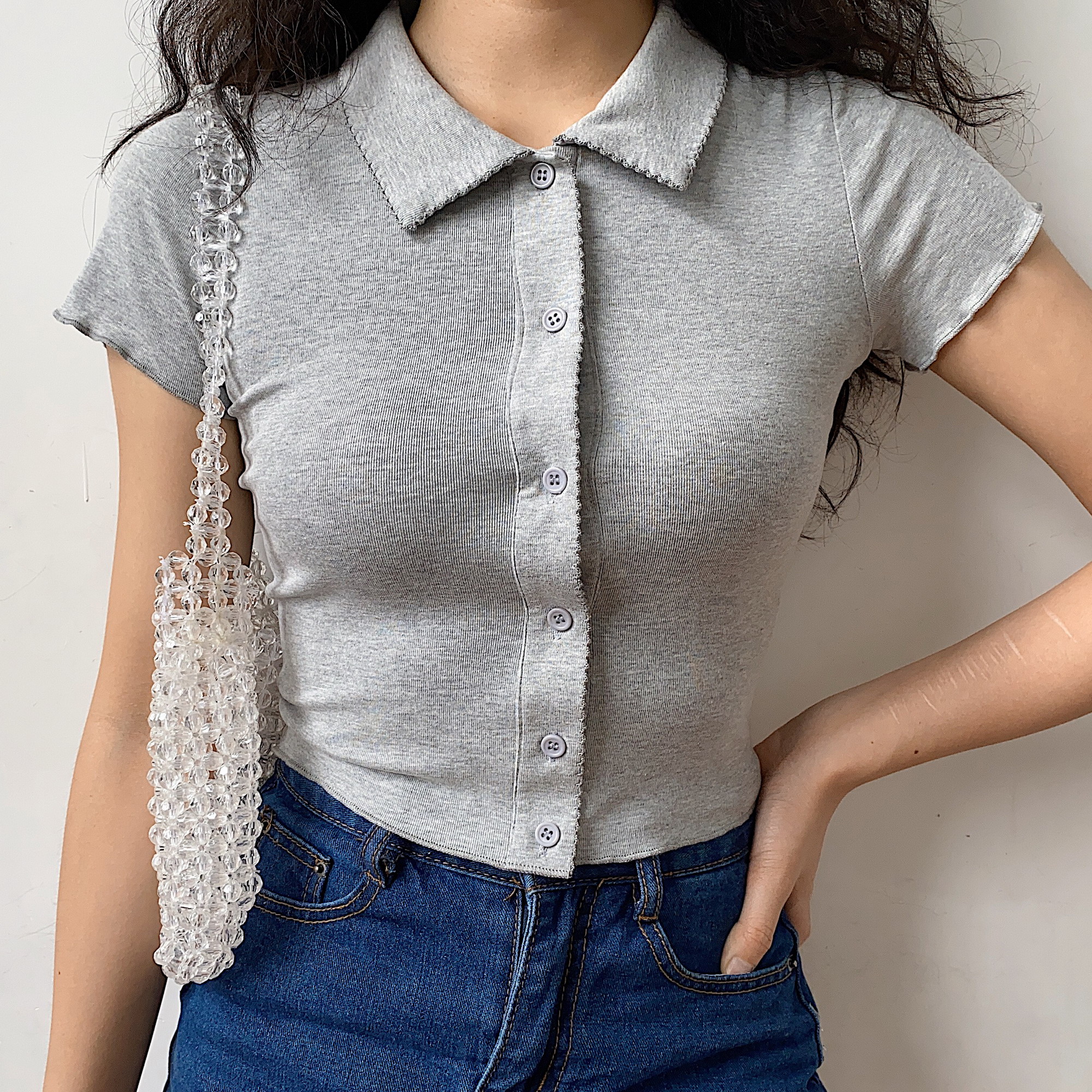 Slim-Fit Polo Collar Knitted Short-Sleeve T-Shirt for Women with Lace Cardigan - European American Minimalist Style Slim-Fit Polo Collar Knitted Short-Sleeve T-Shirt for Women with Lace Cardigan - European American Minimalist Style