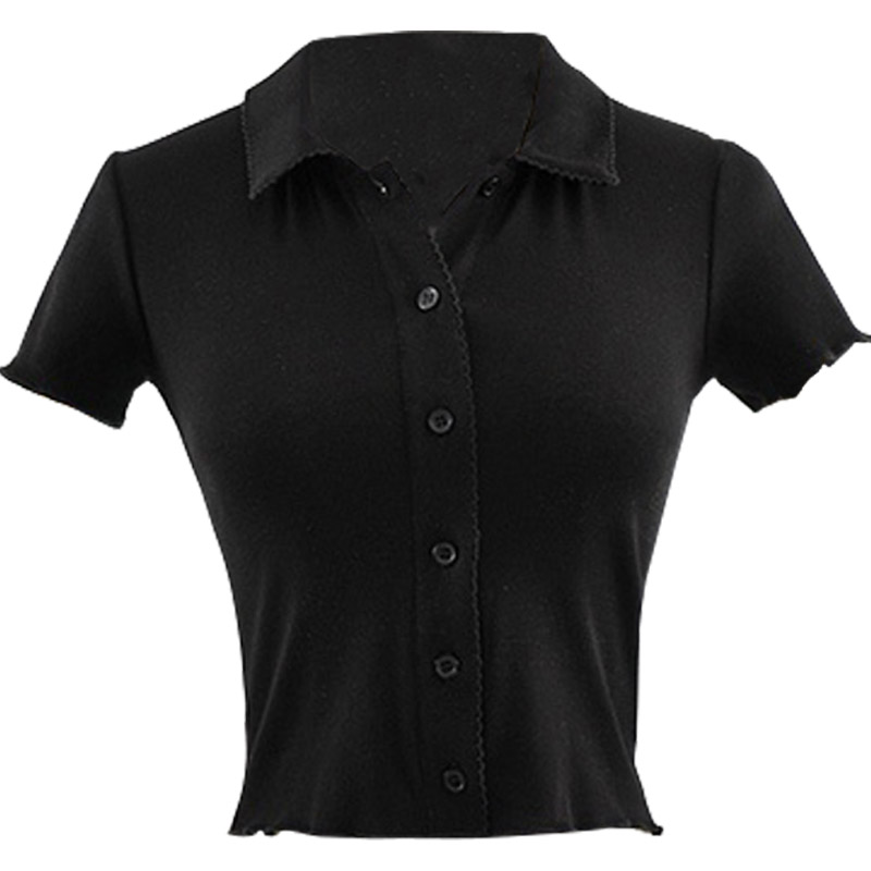 Slim-Fit Polo Collar Knitted Short-Sleeve T-Shirt for Women with Lace Cardigan - European American Minimalist Style Slim-Fit Polo Collar Knitted Short-Sleeve T-Shirt for Women with Lace Cardigan - European American Minimalist Style