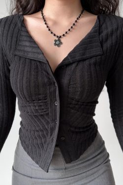 Slim Fit Retro Ribbed Long Sleeve Knitted Cardigan for Women - European and American Style, Flattering Stretchy Top