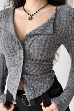 Slim Fit Retro Ribbed Long Sleeve Knitted Cardigan for Women - European and American Style, Flattering Stretchy Top