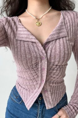 Slim Fit Retro Ribbed Long Sleeve Knitted Cardigan for Women - European and American Style, Flattering Stretchy Top