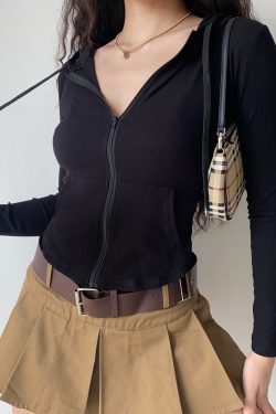 Slim Fit Ribbed Hooded Long Sleeve Cardigan Jacket - European American Minimalist Women's Short Top 90s Y2K Fashion