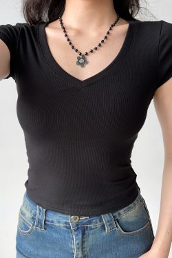 Slim Fit Ribbed V-Neck Short Sleeve T-Shirt for Women - Basic Summer Top, Casual Style, Essential Wardrobe Staple