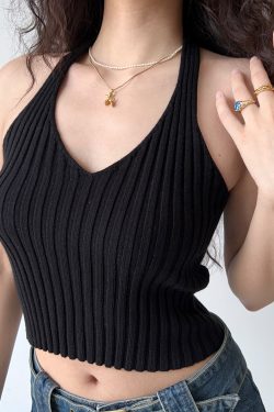 Slim-Fit Sexy V-Neck Backless Halter Knitted Vest - Women's Short Top in European & American Style, Trendy Y2K Fashion