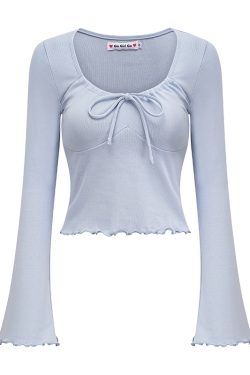 Slim Fit U-Neck Long Sleeve Ballet Style T-Shirt for Women - European & American Fashion, Flared Sleeves, Trendy Y2K Design