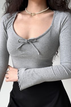 Slim Fit U-Neck Long Sleeve Ballet Style T-Shirt for Women - European & American Fashion, Flared Sleeves, Trendy Y2K Design