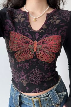 Slim Fit V-Neck Long Sleeve T-Shirt with Butterfly Print - Retro European American Style Women's Short Top