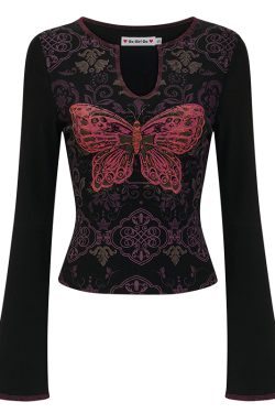 Slim Fit V-Neck Long Sleeve T-Shirt with Butterfly Print - Retro European American Style Women's Short Top