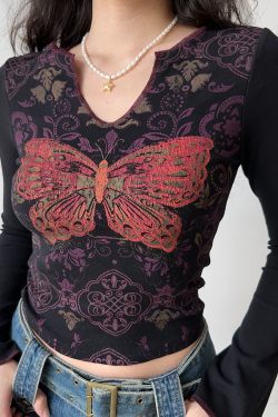 Slim Fit V-Neck Long Sleeve T-Shirt with Butterfly Print – Retro European and American Style Women's Top
