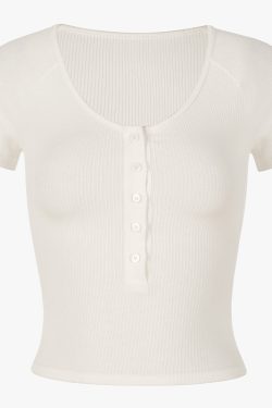 Slim-Fit White Knitted T-Shirt for Women, Short Sleeve with Button Detail, French Style, Chest-Highlighting Design