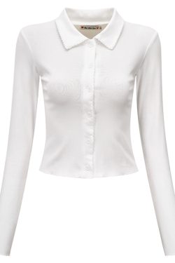 Slim Long-Sleeve Polo Collar T-Shirt for Women with Short Lace Cardigan - Minimalist European American Style Fashion Top