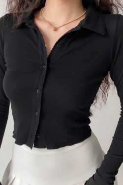 Slim Long-Sleeve Polo Collar T-Shirt for Women with Short Lace Cardigan - Minimalist European American Style Fashion Top