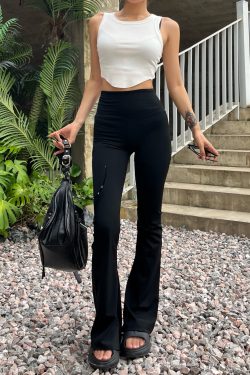 Slimming Black High-Waisted Flared Pants for Women - Stretchy Butt-Lifting Base Layer Leggings, Y2K Style