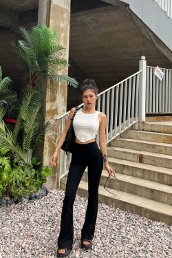 Slimming Black High-Waisted Flared Pants for Women - Stretchy Butt-Lifting Base Layer Leggings, Y2K Style