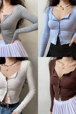Slimming Ribbed Long Sleeve T-shirt for Women - Winter Thin Base Layer Short Top - Casual 90s Style