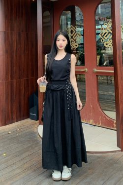 Slimming Studded Waist Belt Dress for Women - White Sleeveless Tank Dress with Long Skirt - Elegant Temperament Style