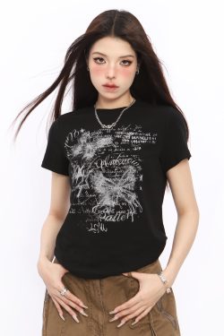 Spicy Girl Butterfly Design Cropped T-Shirt - American Style Short Sleeve Slim Fit Top for Women - Summer 2024 Fashion