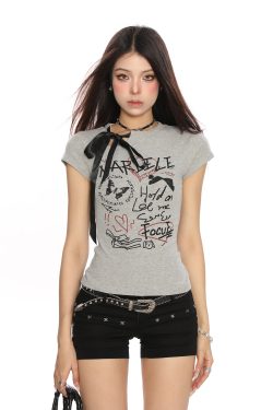 Spicy Girl Design Strap Shoulder Short Sleeve T-Shirt for Women - Slim Fit Summer Top, American Style Trendy Fashion