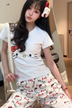 Spicy Girl Kitty Cat Print White Short Sleeve T-Shirt for Women - Summer Round Neck Slim Fit Sweet Flattering Top