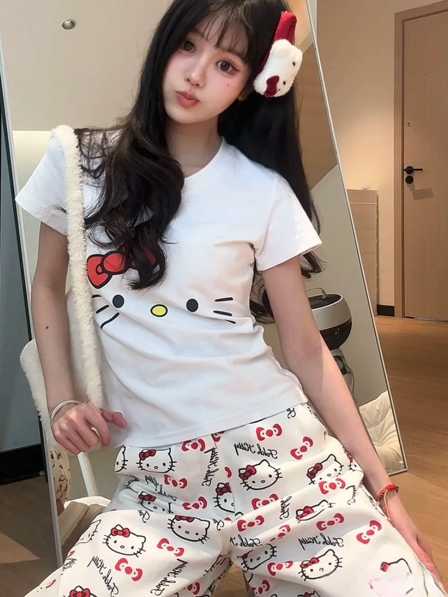 Spicy Girl Kitty Cat Print White Short Sleeve T-Shirt for Women - Summer Round Neck Slim Fit Sweet Flattering Top Spicy Girl Kitty Cat Print White Short Sleeve T-Shirt for Women - Summer Round Neck Slim Fit Sweet Flattering Top