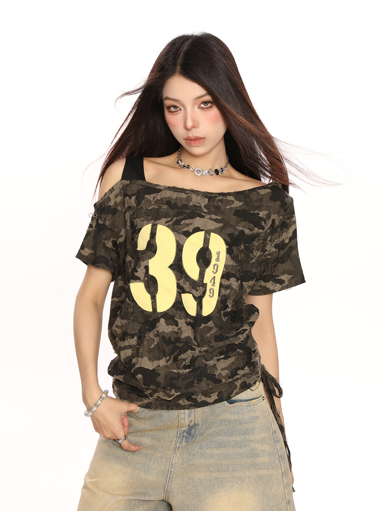 Spicy Girl Off-Shoulder Camouflage Letter Short Sleeve T-Shirt for Women - Summer Drawstring Tie-Up Slim Fit Crop Top Spicy Girl Off-Shoulder Camouflage Letter Short Sleeve T-Shirt for Women - Summer Drawstring Tie-Up Slim Fit Crop Top