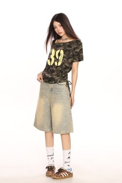 Spicy Girl Off-Shoulder Camouflage Letter Short Sleeve T-Shirt for Women - Summer Drawstring Tie-Up Slim Fit Crop Top