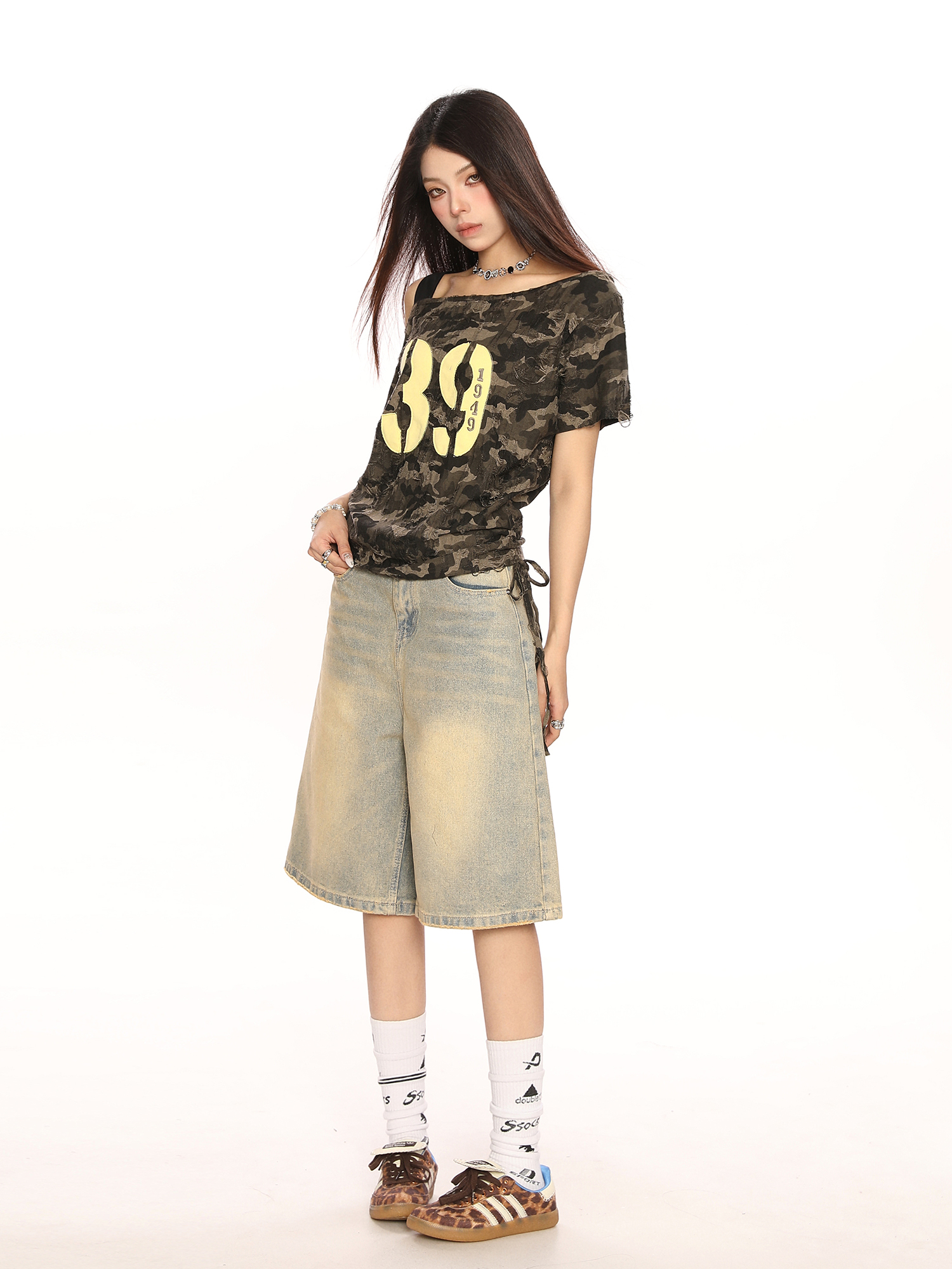 Spicy Girl Off-Shoulder Camouflage Letter Short Sleeve T-Shirt for Women - Summer Drawstring Tie-Up Slim Fit Crop Top Spicy Girl Off-Shoulder Camouflage Letter Short Sleeve T-Shirt for Women - Summer Drawstring Tie-Up Slim Fit Crop Top