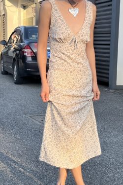 Spring 2025 French Floral V-Neck Tie Waist Slim Fit Sleeveless Dress for Women - Perfect for 90s and Y2K Style Looks