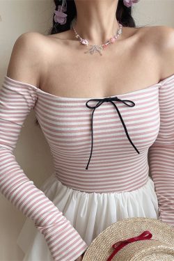 Spring 2025 Sexy One-Shoulder Striped T-Shirt Top with Bow Tie and Drawstring - Trendy Long Sleeve Fashion