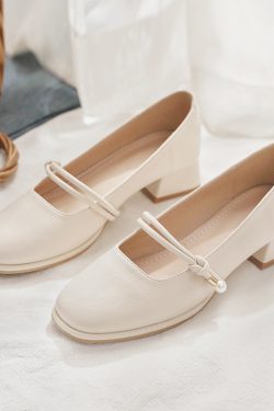 Spring 2025 Women's Sheepskin Chunky Heel Mary Jane Shoes - Low-Heeled Square Toe Single Shoes