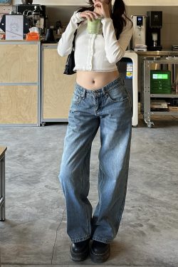 Spring 2025 Women's Vintage Floor-Length Loose Low Waist Straight Leg Pants in Cleanfit American Style