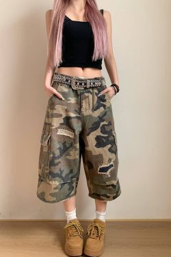Spring Camouflage Ripped Patch Straight-Cut Three-Quarter Pants for Men and Women - Loose Casual Y2K Style