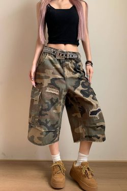 Spring Camouflage Ripped Patch Straight-Cut Three-Quarter Pants for Men and Women - Loose Casual Y2K Style