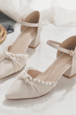 Spring Summer Sheepskin Mary Jane Shoes Chunky High Heel Closed Toe Sandals for Women - Fairy Style Pointed Toe Flats