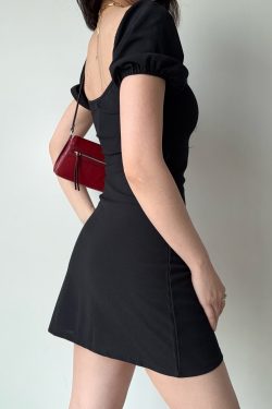 Square Neck Puff Sleeve Bodycon Dress with Split Short Skirt - European & American Style for Women, Trendy and Sexy Fashion