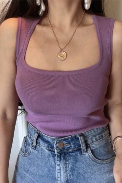 Square Neck Slim-Fit Knitted Sleeveless Top for Women - Versatile American Vintage Style - Spring/Summer 2024 Fashion